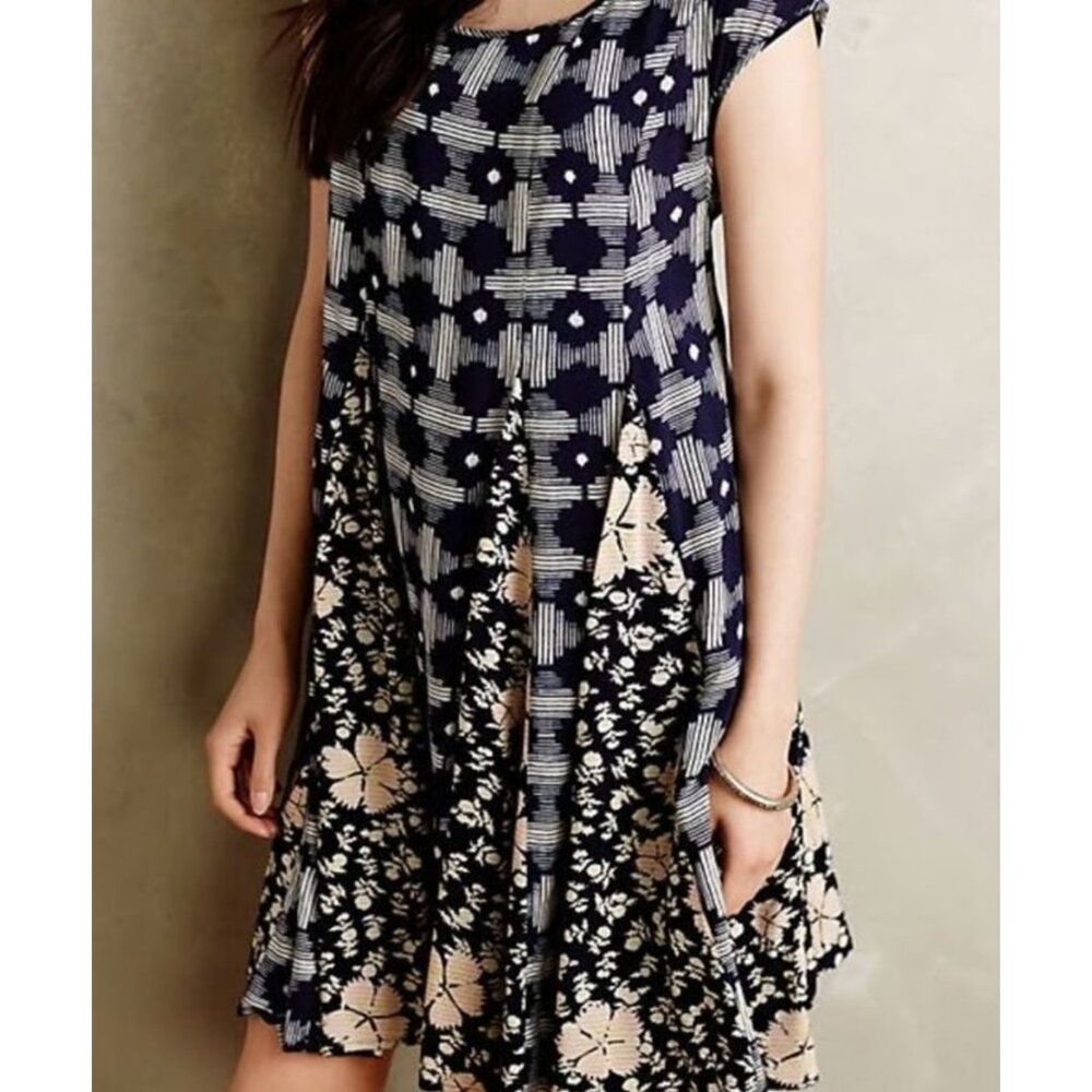 Anthropologie Maeve Indiga Mixed-Print Swing Dress, Small, Corset Tie-Back